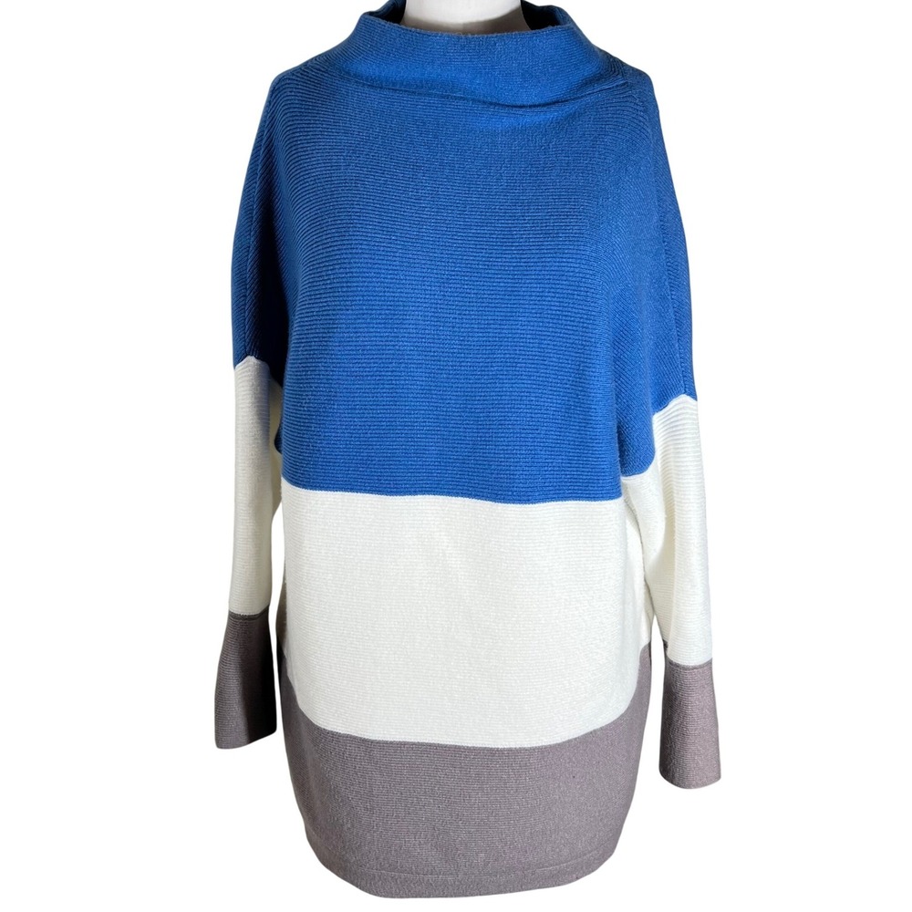 Anrabess Womens Oversized Colorblock Ribbed Knit Mock Neck Tunic Sweater Blue M‎